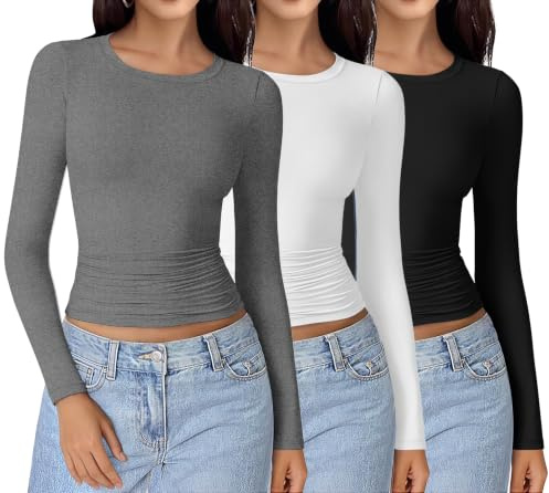 Ekouaer Langarmshirt Damen Seitlich Gerüscht Themroshirt | Rundhals, Longsleeve 3 pack Set, Basic Tops, Thermo Oberteil, Slim Fit, Atmungsaktives Baselayer für alltag & outdoor