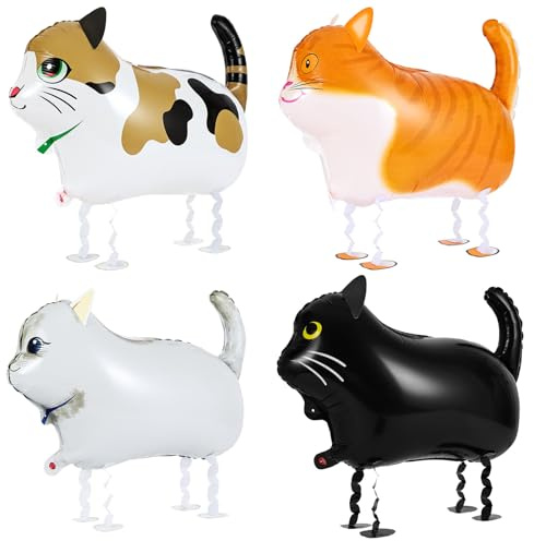 OSDUE Folienballon Katze, 4 Stück Tier Walking Luftballons, Heliumballons für Kinder Geburtstag Party Deko, Geschenke für Jungen und Mädchen