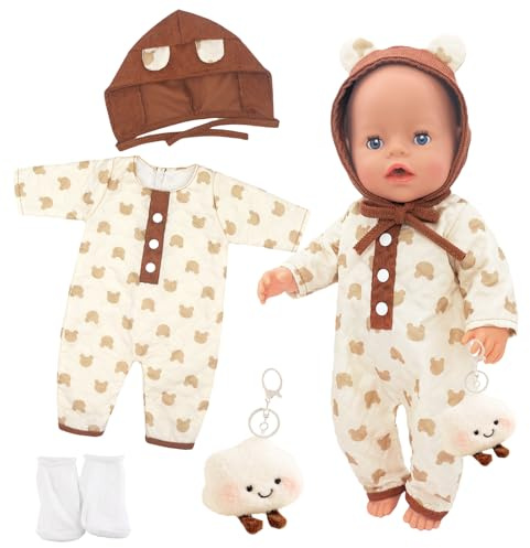 Dockkläder för bebis, 40–45 cm, söta babydockor, kläder med björnmössa + body + strumpor, brun björn, dockkläder, present till flickor