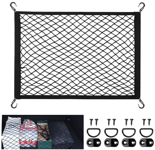 APKOL Red de Maletero para Coche 60×40cm, Extensible hasta 120×80cm, Red Elástica Almacenamiento con 4 Ganchos y 4 Anillos Metálicos, Organizador Universal para Coche, SUV, Negro