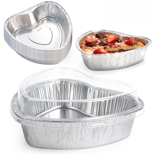 12 Pcs Heart Shaped Cake Pans with Lids,Mini Aluminum Foil Heart Cupcake Baking Tins Non-stick Cake Baking Pans for Kitchen Valentine's Day, Mother's Day, Wedding, Party (12PCS 20*18*13cm)