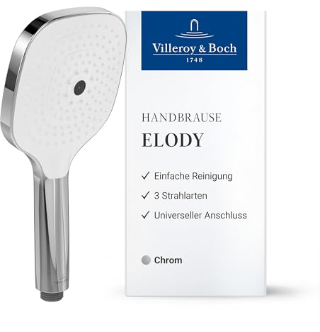 Villeroy & Boch Elody Duschkopf, eckige Handbrause mit drei Strahlarten (Laminar, Massage & Velvet) auf Knopfdruck wechselbar, EasyClean, Universeller Anschluss – Chrom