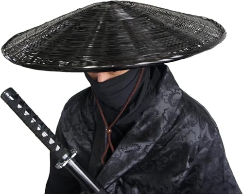 HIFRQVVC Chapeau conique oriental chinois en bambou, Chapeau conique en bambou multicolore for cosplay, épéiste samouraï, 53 x 10 cm(Svart)