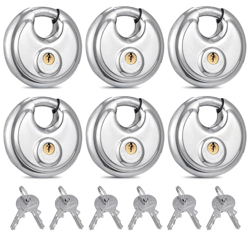 6 stycken 70 mm hänglås, skivlås av rostfritt stål, rostfritt, hänglås med nyckel, väderbeständig, säkerhetslås för lager, garage, skjul, gym