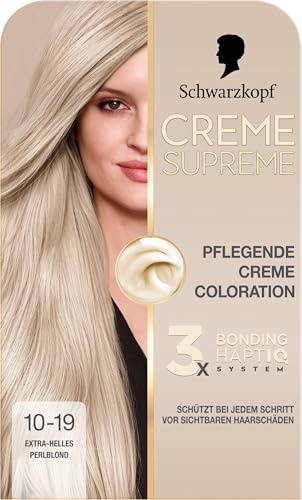 Schwarzkopf Creme Supreme Coloration 10-19 Extra-Helles Perlblond (182 ml), dauerhafte Haarfarbe mit Serum und Haar-Maske schützt vor sichtbaren Haarschäden, für 100% Grauabdeckung