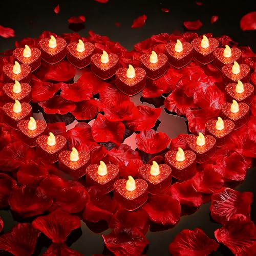 ZOYDP 24 velas de té LED en forma de corazón, sin llama, con forma de corazón, color rojo, con 2000 pétalos de rosa falsos, velas LED para el día de San Valentín, boda, luz amarilla cálida