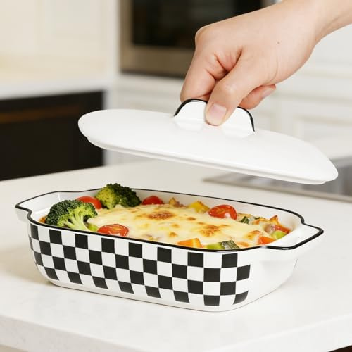 Clayora Ceramic Casserole Dish with Lid – 23 oz Small Baking Dish for Oven, Black and White Checkered, Mini Lasagna Pan, Microwave & Dishwasher Safe (6.5 x 4.3 in)