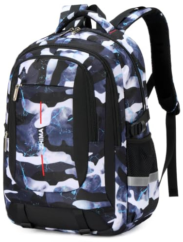 Tanou Schulrucksack Jungen Rucksack Teenager 10–18 Jahre | Camouflage-Schultasche für Jungen mit Großer Kapazität, Modischer Ranzen Tagesrucksack für Schule und Reisen, Schwarz Weiß