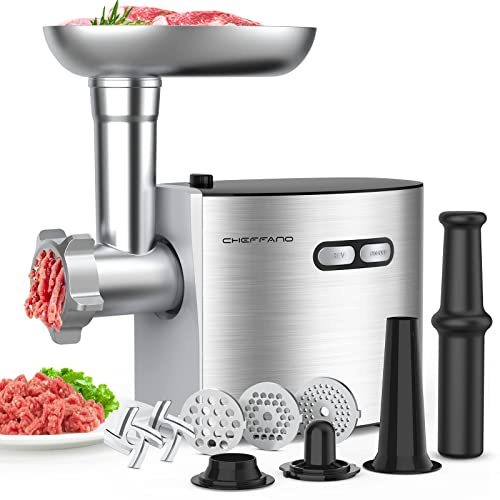 CHEFFANO 4-in-1 Elektrischer Fleischwolf [2800W Max] Edelstahlgehäuse mit 2 Schneidklingen, 3 Lochscheiben (2mm/5mm/7mm), Wurstfüller, Kubbe-Kit, Burgerpresse für Rind Huhn Schwein Fisch Wildfleisch