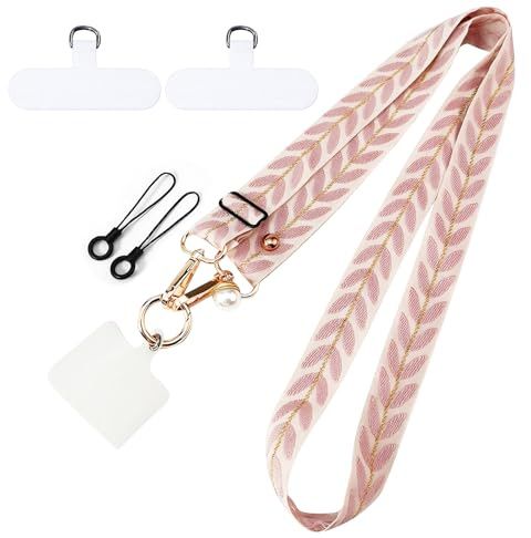 VEGCOO Feuilles et Perles Cordon Téléphone Portable Universelle, Transversale Lanière pour Téléphone, Tour de Cou Téléphone Universelle Cordon Collier Réglable, Mousqueton Doré Clip T en Nylon