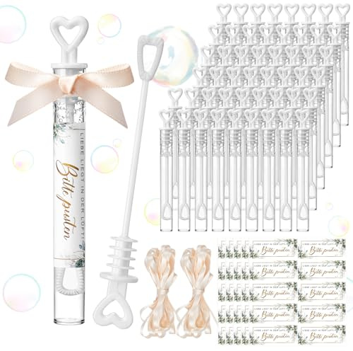 Skylety 50 Seifenblasen Hochzeit Herz-Röhrchen Gastgeschenk Wedding Bubbles | 50 Herz-röhrchen À 4 ml + 50 Aufkleber & 2 Bänder, Nachfüllbar & Geruchsneutral – Alternative Zu Konfetti, Taufe & Fest
