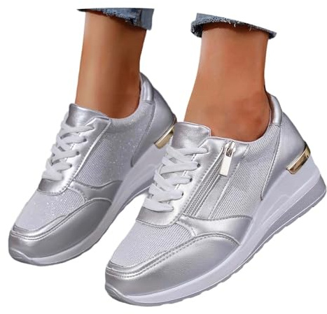 Generisch Zapatillas deportivas para mujer 2026 de moda con diseño de bloques de colores, cordones en el talón para un look diario cómodo y elegante., plata, 37 EU
