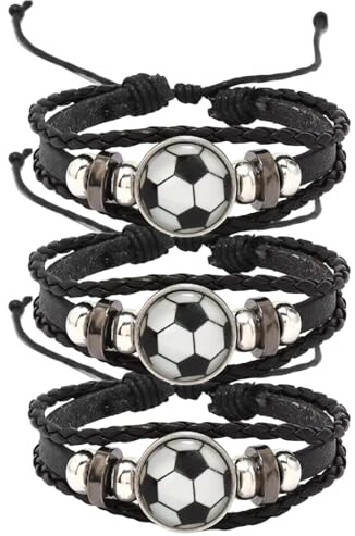 ZEBKEL 3 Piezas Pulsera de Fútbol para Niños, Pulseras Niños, Pulseras Trenzadas Ajustables (19-26cm), Regalos de Cumpleaños y Detalles para Invitados, Accesorios Deportivos de Amistad, Negro