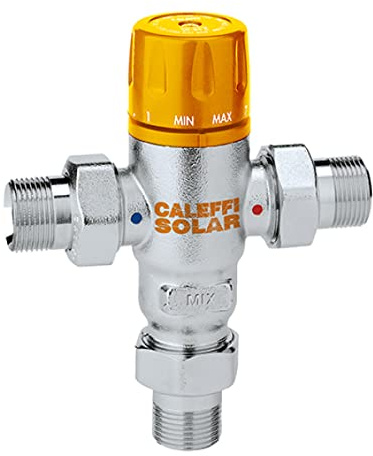 Caleffi 252153 Thermomischer 3/4 Zoll AG 30-65 °C mit Rückschlagventilen für Solaranlagen, Einstellbar entzinkungsfreies Messing-Gehäuse, verchromt