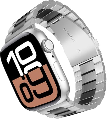 ARTCHE Metal Strap for Apple Watch Straps 42mm 41mm 40mm 38mm, Replacement Strap Compatible with iWatch Series 11/10/9/8/7/6/5/4/3/2/1/SE3/SE2/SE, Stainless Steel Link Belt for iWatch, Silver & Black