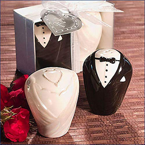 Set di 20 saliera + pepiera in scatola regalo (10 sposi e 10 sposa) - Bomboniere e ricordi per anniversari e matrimoni in oro economici e originali