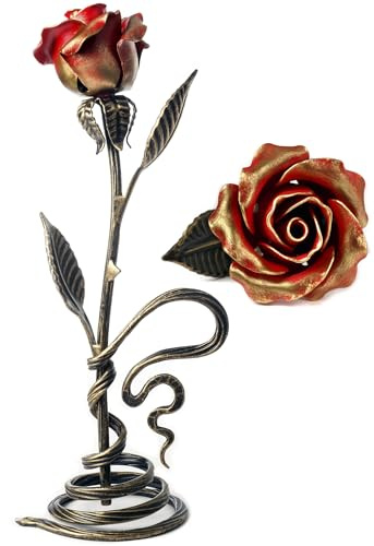 Red Iron Rose with Metal Stand - 6th Aniiversary Flower for Her - Hand Forged Long-Lasting Home Decor Figurine