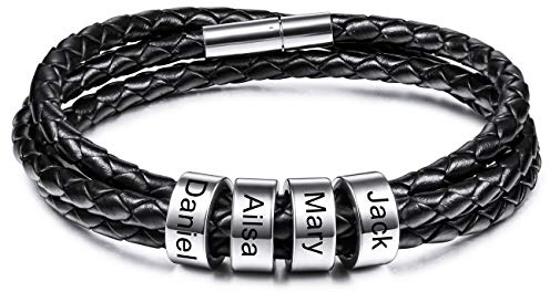MeMeDIY Personalisierte Armbänder Gravur 2～6 Namen Individuelle Identifikation ID für Frauen Männer Echtes Leder Edelstahl Perlen Geflochtene Manschette Brautjungferngeschenke Beste Freundin