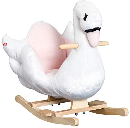 HOMCOM Schaukeltier Schaukelpferd mit Sicherheitsgurt Musik, 55 cm Baby Schaukel aus weichem Plüsch Schaukelspielzeug Spielzeug Wippe für Baby Kinder Kleinkinder ab 18 Monate Holz
