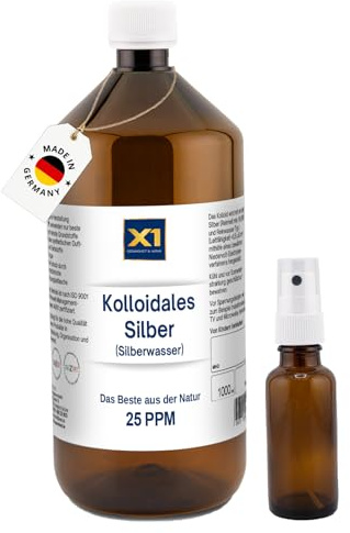 Kolloidales Silberwasser 100% natürlich - mit auffüllbarer 30ml Sprayflasche - Reinstes Silber und reinstes Wasser - tägliche Produktion in Deutschland (25 ppm, 1000 ml)