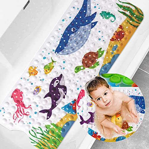 JOTOL Tapis de Baignoire Antidérapant,100 x 40 cm Tapis de Bain Antidérapant,avec 200 Ventouse Matériel de PVC,Tapis de Douche avec de Dessin Animé d'animaux Marins pour Enfants et Bébé