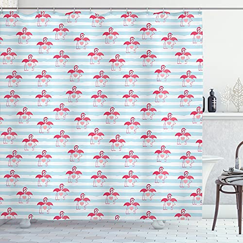 ABAKUHAUS Valentinstag Duschvorhang, Paar von Flamingo, Stoffliches Gewebe Badezimmerdekorationsset mit Haken, 175 x 180 cm, Dunkle Koralle Hellblau
