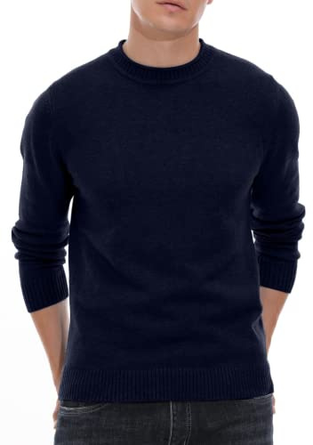 Hisir Men's Jumpers Tops Winter Warm Knitted Crew Neck Jumper Long Sleeve Soft Cozy Mock Neck Knitwear Pullover Sweaters for Men (Navy Blue, L)