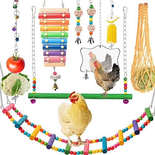 Chicken Toys for Coop 9PCS Set, KAKUNM Chicken Enrichment Toys, Including Xylophone, Swing, Chicken Mirror, Chicken Flexible Ladder, Vegetable String Bag and Hanging Feeder Coop Toy Accessories