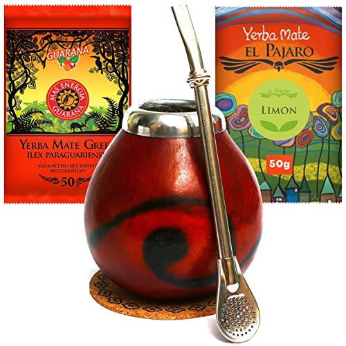 Yerba Mate Green Tee Set | Misiones bordo Kalebasse 150-250 ml | Bombilla Liza + 100g Yerba Mate Green Tee