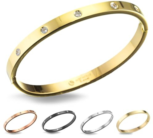 inSCINTILLE Schmuck Damen Armreif Edelstahl Zirkonia einfache Stil Liebe Armband 4/6/8mm mit Schließe Armspange Gravur, Gold/Silber/Schwarz, Inklusive Geschenkbox