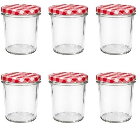 Vitrea 6x Marmeladengläser 350 ml - mit Deckel Rot Kariert TO 82 - Einmachgläser zum befüllen mit Schraubdeckel - Sturzgläser für Marmelade Schraubgläser - leere Gläser - 6 Stück