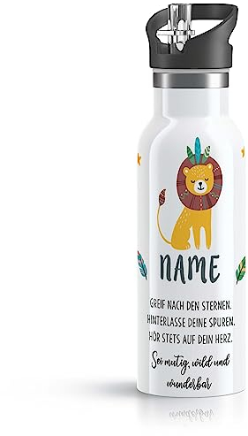 OWLBOOK® Trinkflasche Kinder Edelstahl | Trinkflasche mit Strohhalm 600 ml | Kinder Trinkflasche Schule Sport | Personalisierte Geschenke Kinder zur Einschulung Geburtstag Schulanfang | Löwe