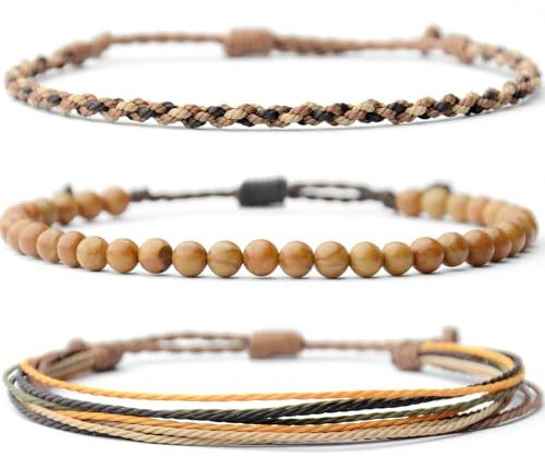 Handmade Natural Stone Beaded Healing Bracelet Gift for Men Adjustable Rope String Bracelet (Wood-Grain Yellow, Adjustable)