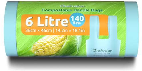 GreFusion 6L Tie Handle food waste Bags 140 count Extra Thick compostable caddy liners 6 litre with Handles