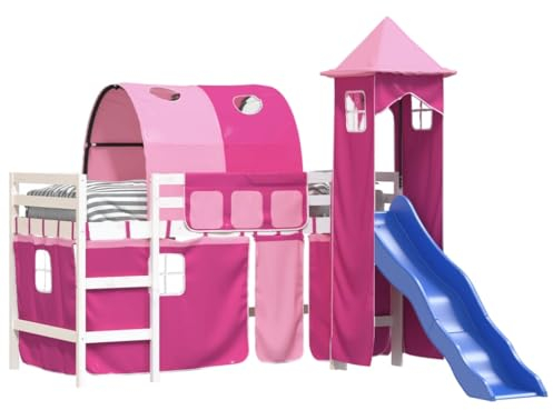 vidaXL Kinderhochbett, Hochbett mit Turm Rutsche, Spielbett Bett für Kinder ab 6 Jahren, Kinderbett Etagenbett Stockbett, Rosa 90x190cm Massivholz Kiefer
