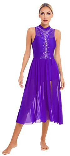 Freebily Frauen Tanzkleid Glitzer Lyrisch Latin Ballsaal Walzer Kleid Tanz Ballett Leotard Swing Kleid Moderne Tanzkostüme Contemporary Dance Dress A_Violett M