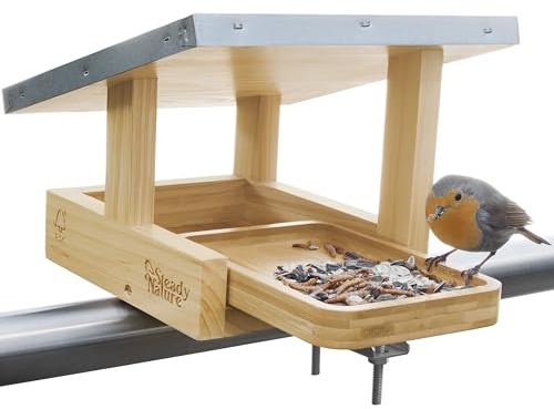 Steady Nature Vogelhaus Balkon mit rostfreier Edelstahlhalterung I Vogelfutterhaus Balkongeländer I Futterhaus für Vögel I Vogelhäuschen wetterfest I Vogelfutterhäuschen