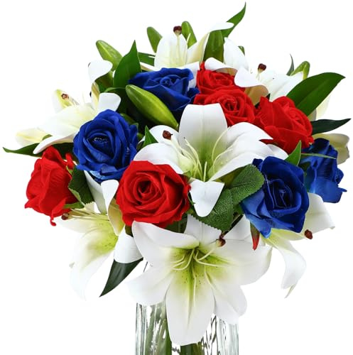 Hotop 20 Pcs Artificial Flowers Velvet Realistic Roses and Latex Lilies Flowers Bouquet Decorations Arrangements for Home Table Centerpieces Veterans Day Christmas(Red,Blue,White)