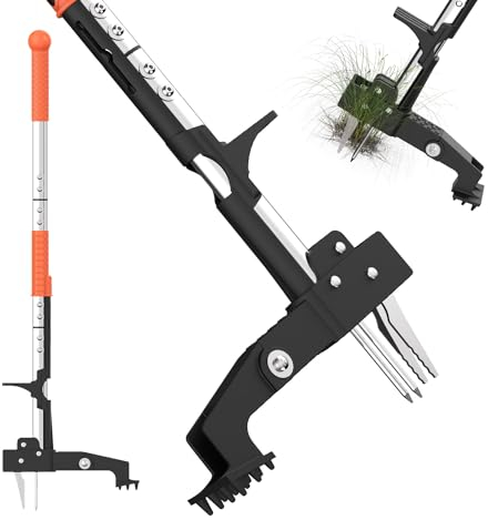 Estrattore erbacce da giardino con manico ergonomico lungo 100 cm e 4 artigli in acciaio inox ad alta resistenza, facile da rimuovere le erbacce senza piegare, tirare o inginocchiare.