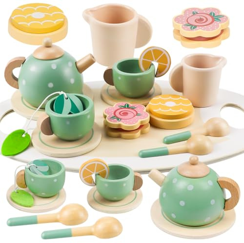 Juego de té de la tarde de 14 piezas, juego de té de madera para niños, accesorios de cocina, juego de té de escaleras para niños, juegos de fiesta para niños, niñas, regalos de cumpleaños