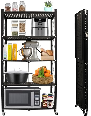 U2PICK Foldable Shelving Unit, 5-Tier Kitchen Shelves on Lockable Wheels,