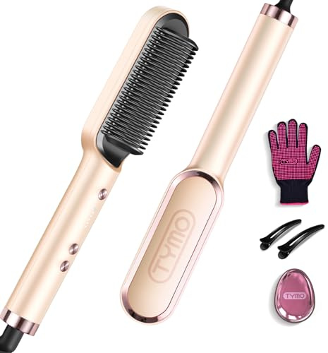 TYMO RING Cepillo Alisador Pelo - Planchas de Pelo Profesional, 5 Temperaturas, 130°C-210°C, Calentamiento Rápido, Protección Antiquemaduras, Anti Encrespamiento,Doble Voltaje,Melocotón