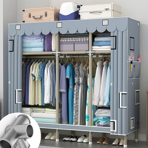 DETMOL Stoffschrank, Kleiderschrank, Stoff Vorhang Für Garderobe Metall, 85x45x170 cm, Hängefächer, Mit Ablagen, 2Seitentaschen, Viel Platz, Für Schlafzimmer, Wohnzimmer, Grau