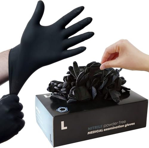 Black Disposable Nitrile Gloves - Multipurpose, Medical Exam, Chemical Resistant, Powder-Free, Latex-Free, Puncture-Resistant, Food Safe, Cleaning, Tattoo - Box of 100 Large Gloves