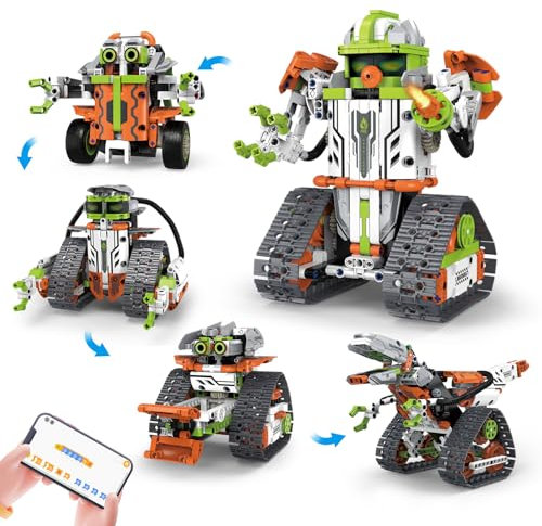 CUPCHID Bausteinspielzeug,5 in 1App & Fernsteuerung Technic Roboter Panzer Auto Bausätze 604 Stück,Geburtstags Geschenk für 8 9 10 11 12+ Jahre alte Jungen Mädchen(Gelb Grün)