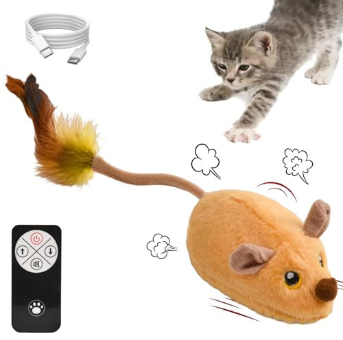 DAOUZL Elektrische Spielmaus für Katzen, Fernbedienung Maus Katzenspielzeug, Interaktives Katzenspielzeug mit LED-Licht Realistischen Geräuschen USB-Aufladung, Katzen (Gelb)