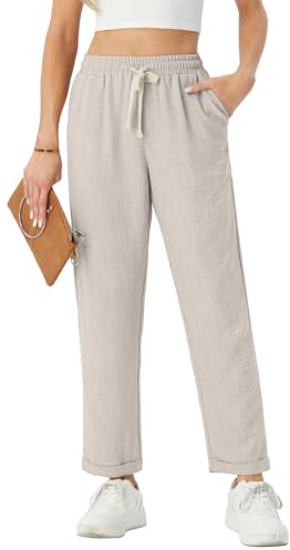 PrinStory Hose Damen Lässig Freizeithose Komfortabel Freizeithose Und Taschen Hose Stilvoll Strandhose Mit Taschen Einkaufen Hose Damen (Helles Khaki, S)