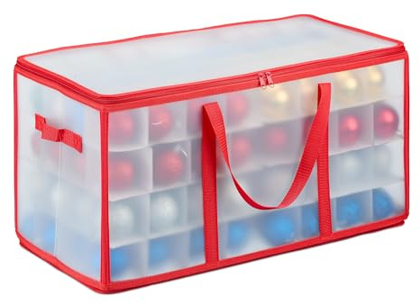Relaxdays Julgranskulor förvaringslåda för 128 bollar HBD 31 x 30 x 60 cm plast julgranskulor organisatör transparent/röd