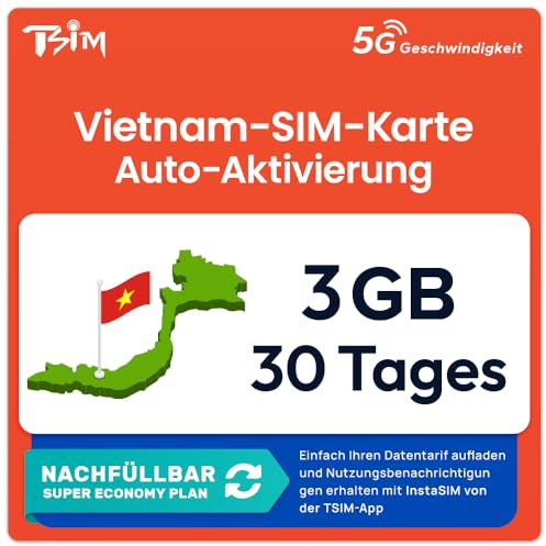 Vietnam SIM-Karte | 3GB Super Economy Nachfüllplan! Automatische Aktivierung mit 30 Tagen Gültigkeit | 5G/4G-Geschwindigkeit | Hotspot erlaubt | Nur-Daten, Keine Telefonnummer