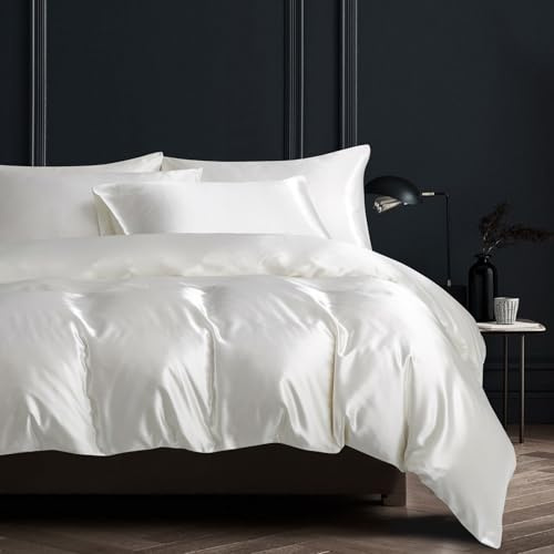 YASMENG Housse de Couette Satin 240x260 Blanc Uni Brillant Deluxe Parure de Lit Satin Doux Lisse Soyeux Soie Linge de Lit 2 Personne Adulte avec Fermeture Éclair et Taies d'oreiller 65x65 cm